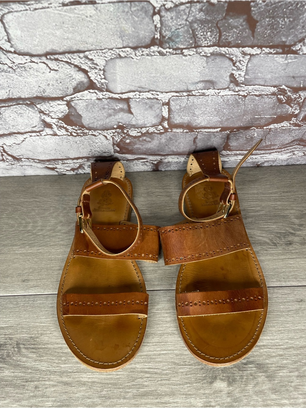The Office Of Angela Scott Brown Leather Ankle Straps Sandals Women sz 41EU/10.5